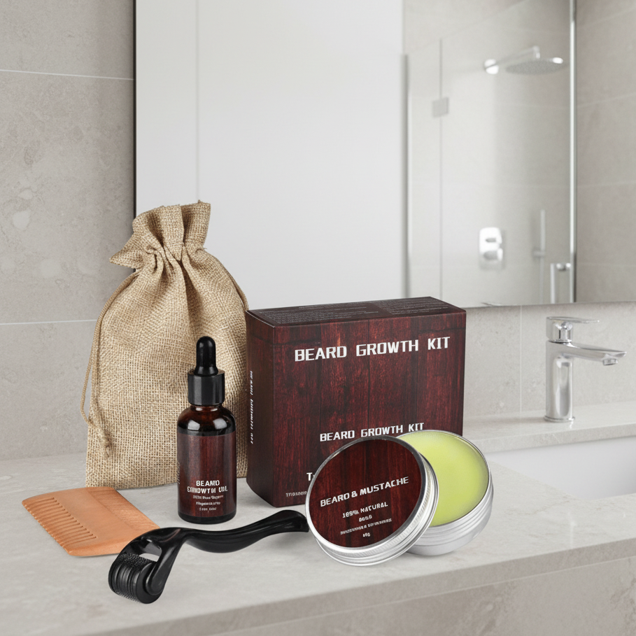 Beard Growth Kit | Complete Care Set with Dermaroller and Natural Oils