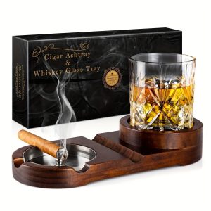 Wooden Cigar Ashtray with Whiskey Glass Holder | Premium Dark Wood Finish