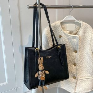 PU Leather Tote Bag | Black Shoulder Bag with Rabbit Pendant