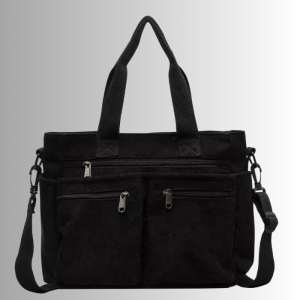 Black Corduroy Tote Bag | Multi-Pocket Crossbody Design