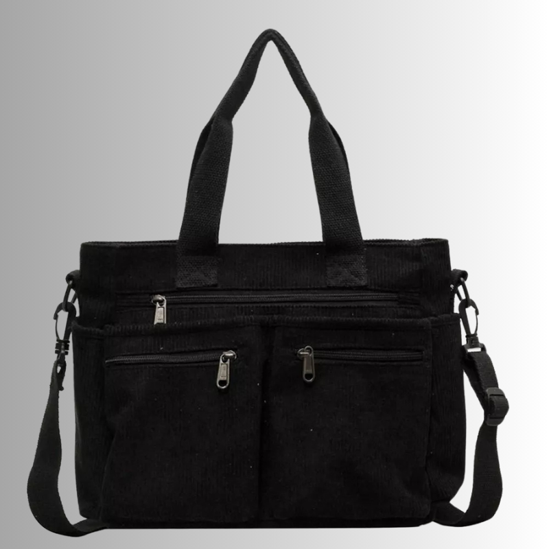 Corduroy Tote Bag | Multi-Pocket Black Shoulder Bag