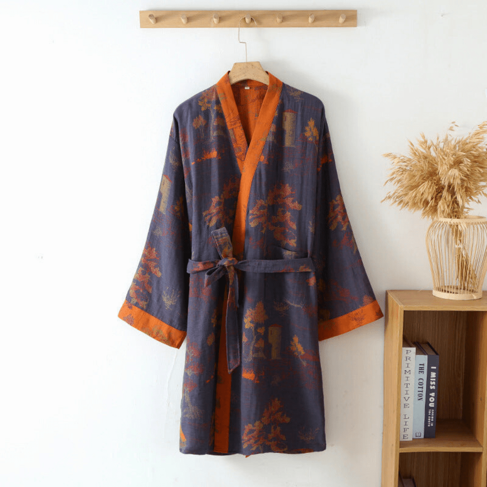 Cotton Gauze Kimono Robe | Retro Floral Print Design