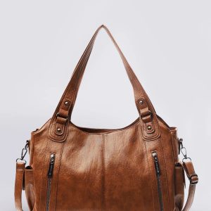 Vintage Leather Shoulder Bag | Cognac Brown with Zipper Details