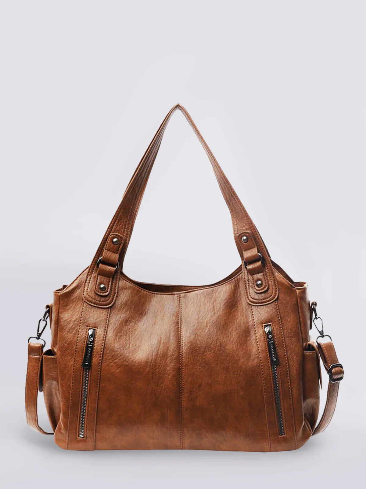 Vintage Leather Shoulder Bag | Dual Zipper Tote Design