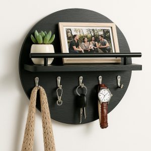 Round Wall Key Holder | Dark Wood Grain with Display Shelf
