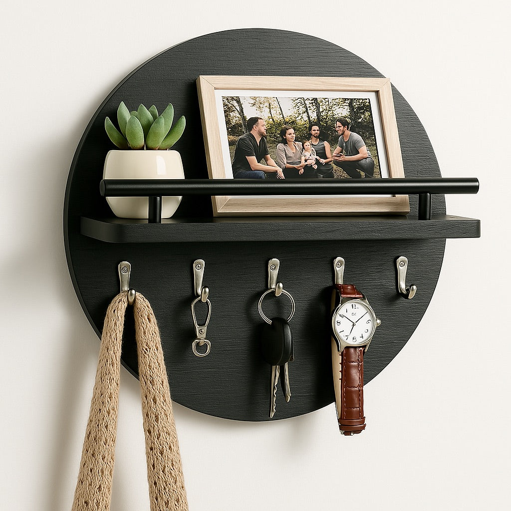 Round Wall Key Holder | Dark Wood Grain with Display Shelf