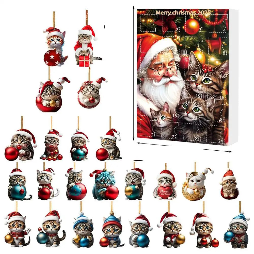 Cat Christmas Ornaments Set | 24-Piece Acrylic Advent Calendar Decorations