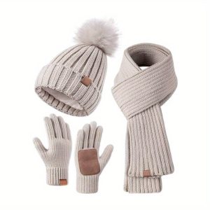Knitted Winter Accessories Set | Hat Scarf Gloves with Touchscreen Tips