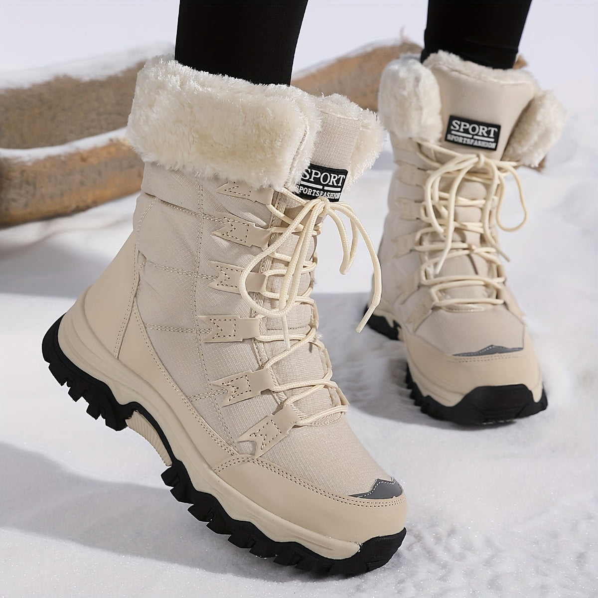 Women's Winter Boots | Beige Fur-Lined Snow Boots with Non-Slip Sole