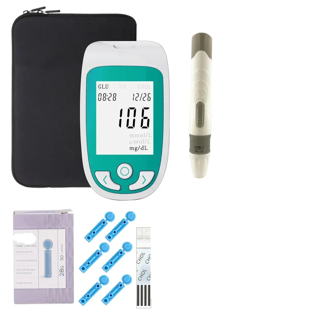 Blood Glucose Monitor Kit | 3-in-1 Cholesterol Uric Acid Testing Device