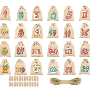 Christmas Advent Calendar | 24 Jute Drawstring Bags With Clips