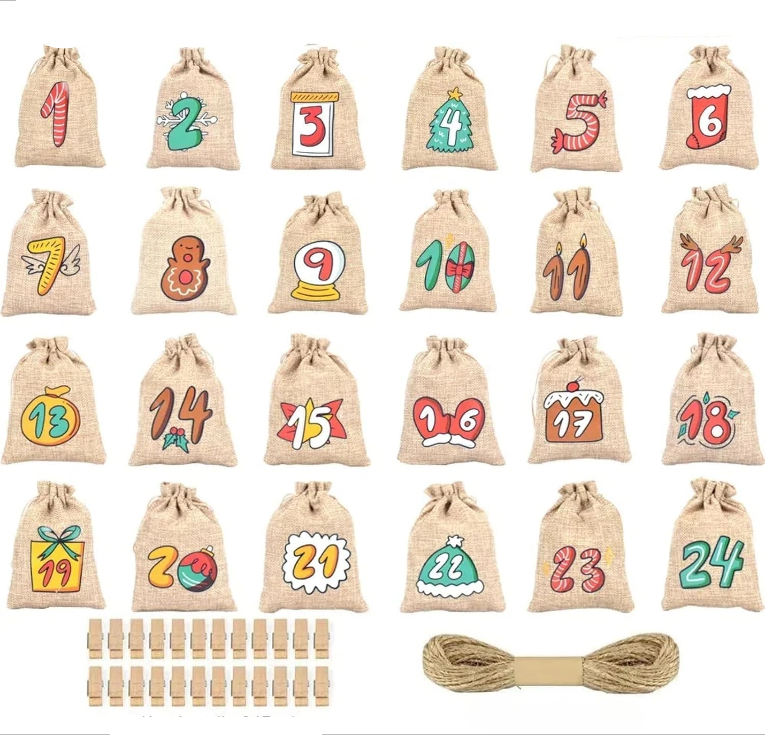 Christmas Advent Calendar | 24 Jute Bags with Wooden Clips