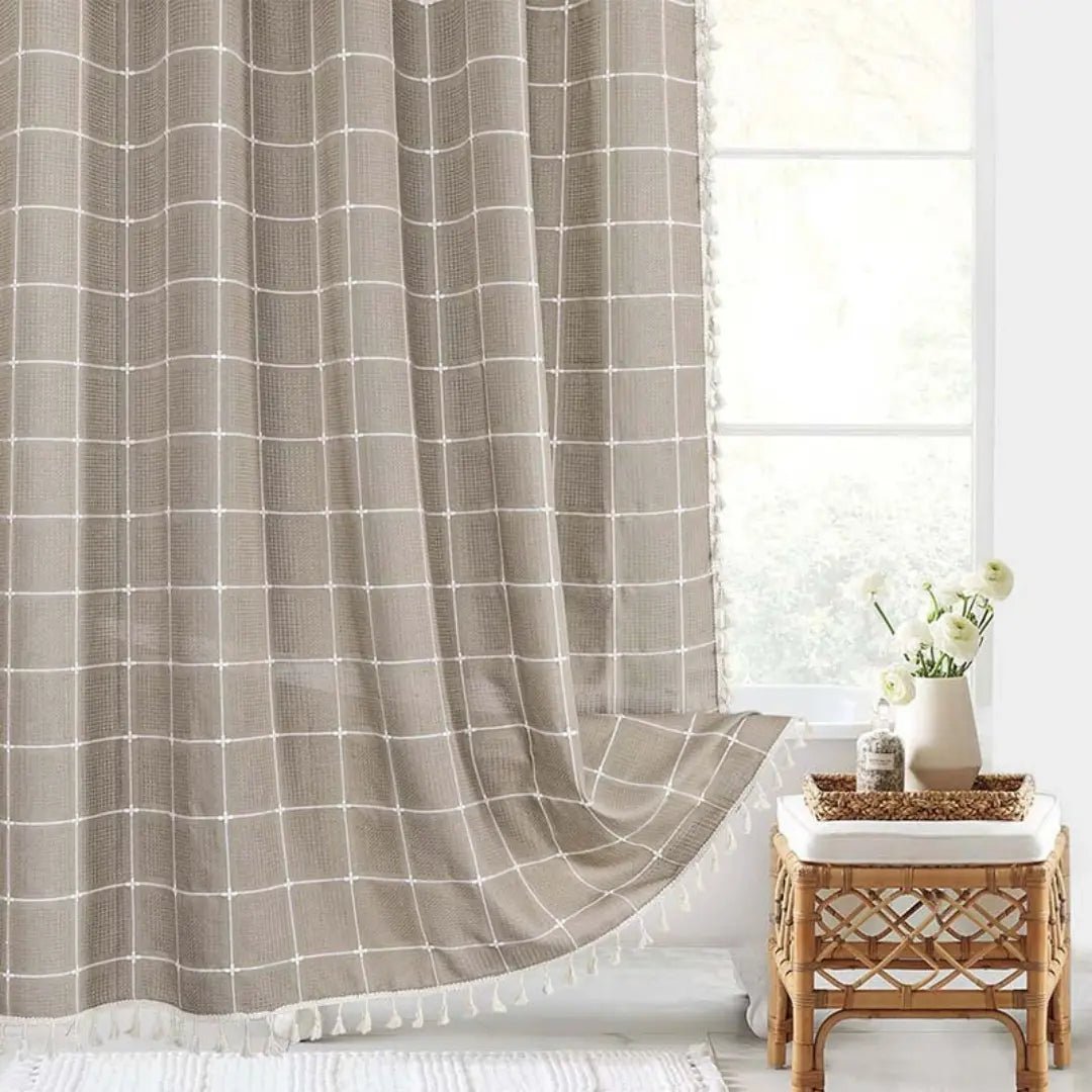 Linen Shower Curtain | Boho Tassel Farmhouse Design