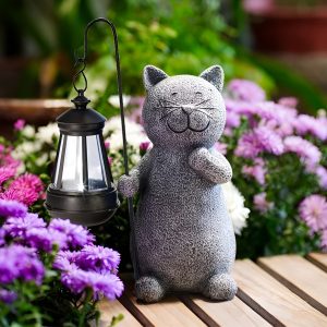 Solar Cat Garden Statue | Hand-Painted Stone Finish with LED Lights