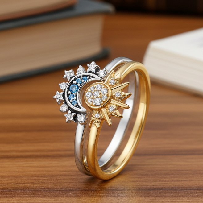 Moon Sun Ring | Sterling Silver Crystal Celestial Design