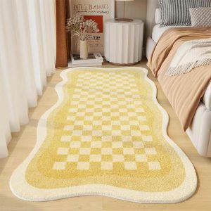 Checkerboard Bedside Rug | Soft Yellow Faux Cashmere Scalloped Edge