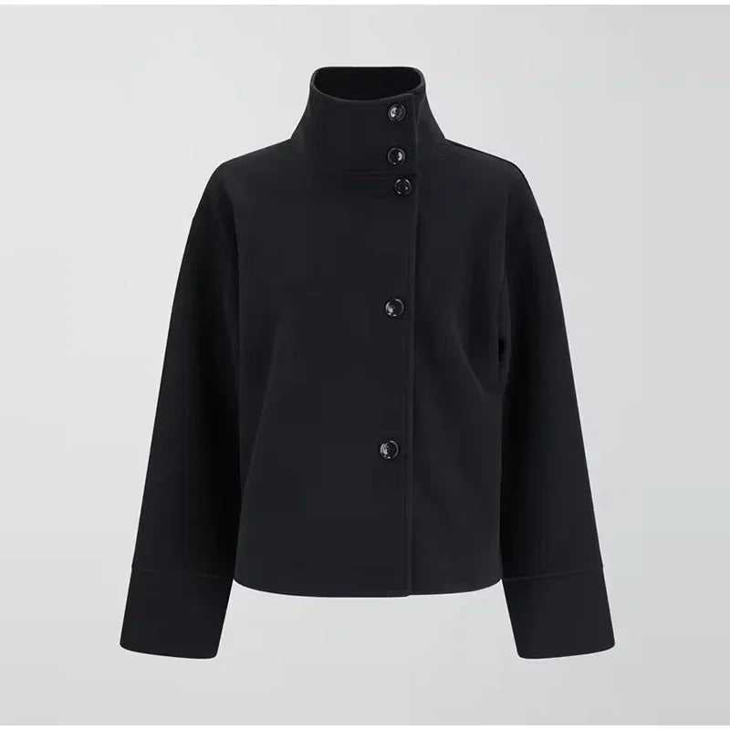 Women's Short Wool Coat | Stand Collar Button Closure