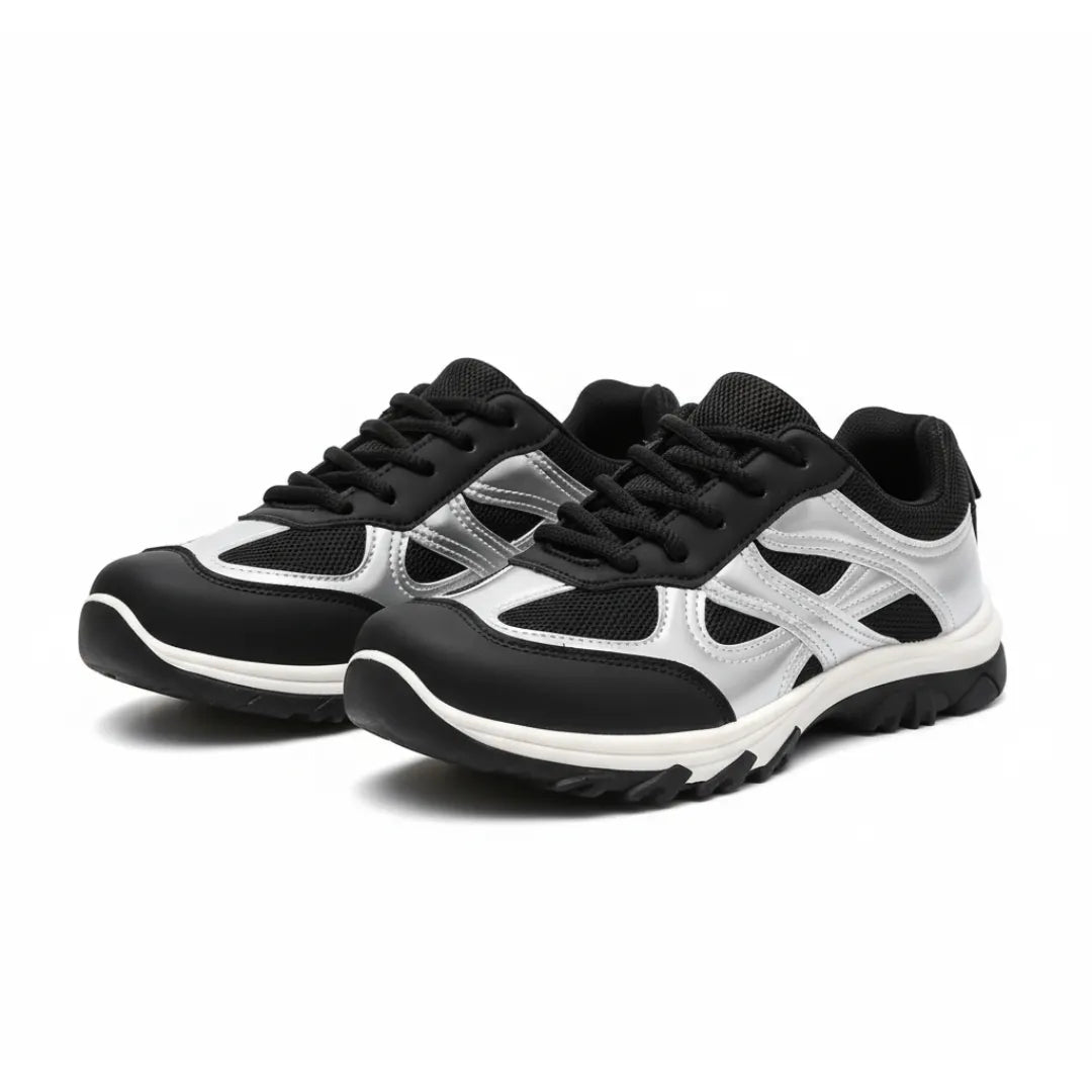 Women's Walking Sneakers | Lightweight Black Silver Athletic Shoes
