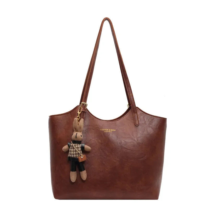 Vegan Leather Tote Bag | Brown Vintage Style with Bear Charm