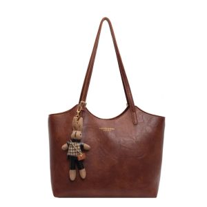 Brown Tote Bag | Vegan Leather with Removable Bear Charm