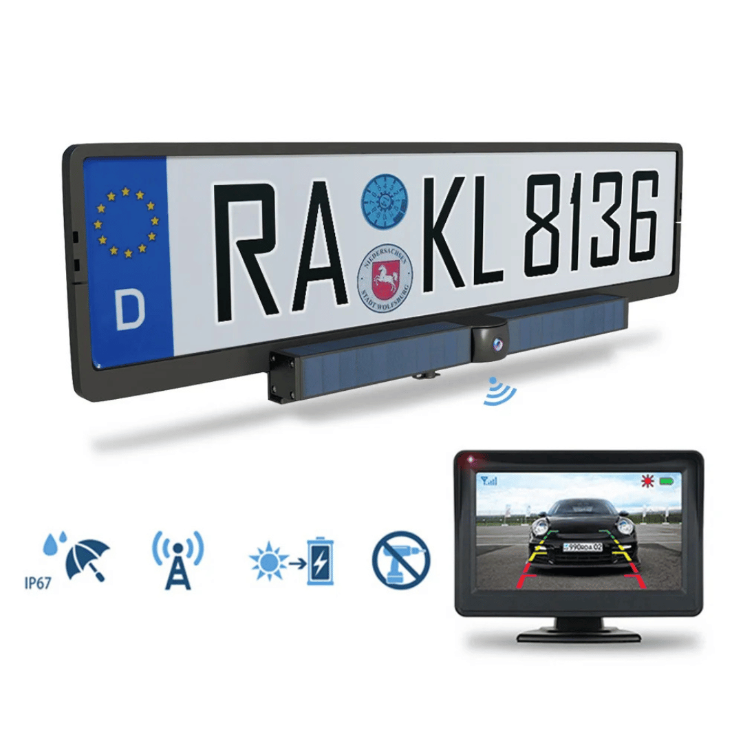 Wireless Solar Backup Camera | HD License Plate Frame with Monitor
