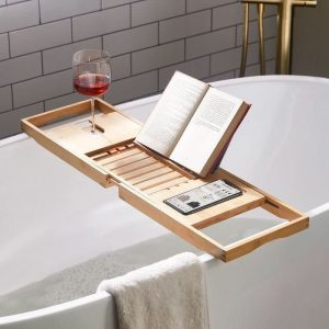 Bamboo Bathtub Caddy | Extendable Tray with Book and Wine Glass Holders
