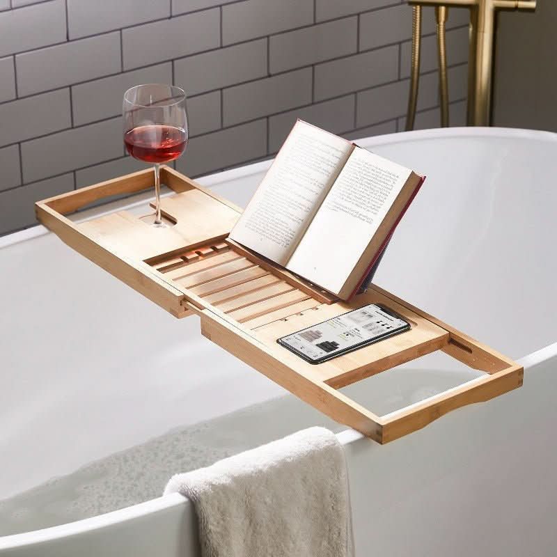 Bamboo Bathtub Caddy | Extendable Tray with Book and Wine Glass Holders