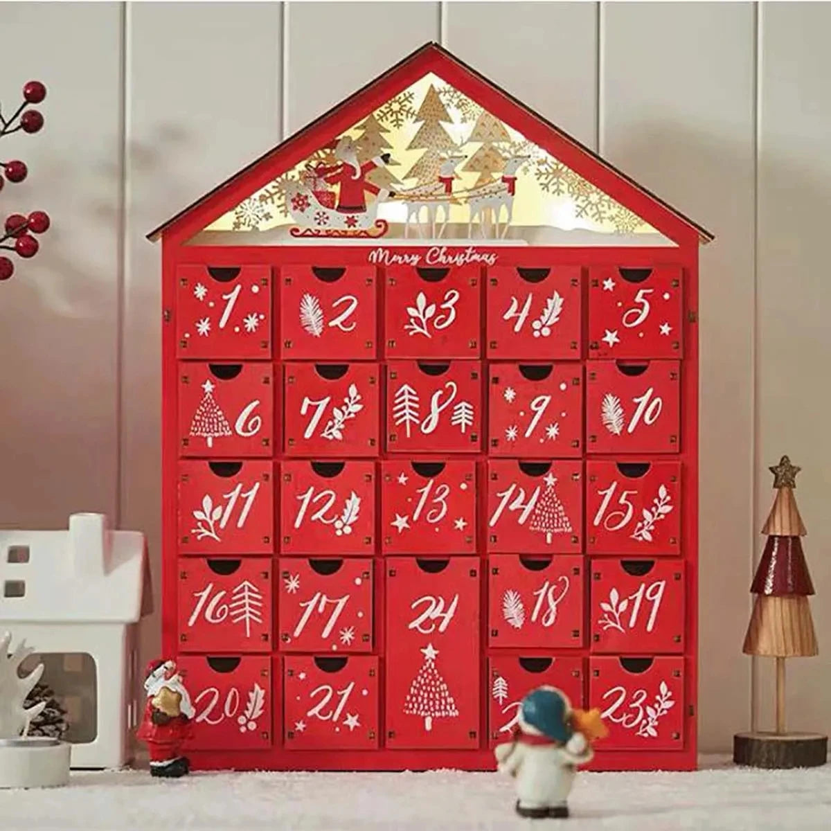 Wooden Advent Calendar | Red House Design with LED Lights