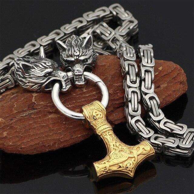 Stainless Steel Wolf Head Necklace | Norse Mjolnir Pendant Chain