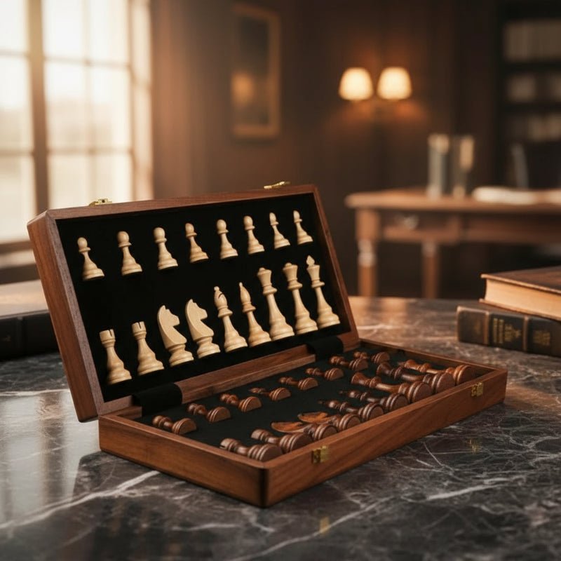 Wooden Chess Set | Folding Board with Solid Wood Pieces