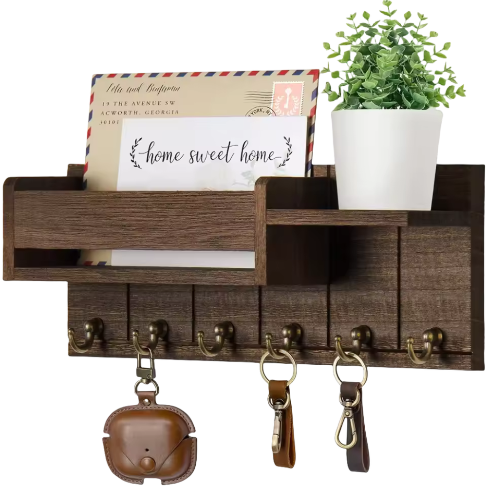 Rustic Wall Key Organizer | Solid Wood Mail Holder with 6 Hooks