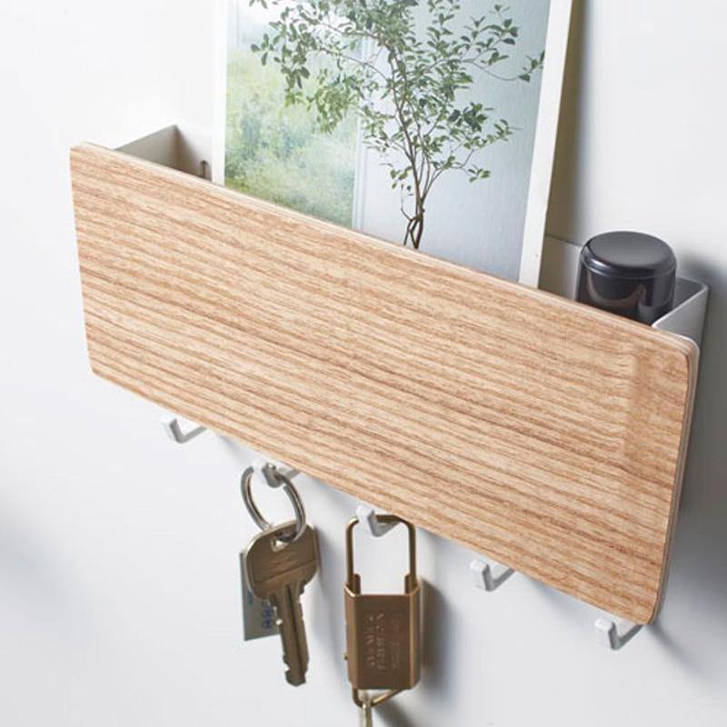 Wooden Wall Key Holder | Modern Entryway Organizer with Colorful Hooks